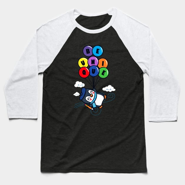 Be Unique Cute Kawaii Penguin Flying With Balloons Baseball T-Shirt by BoggsNicolas